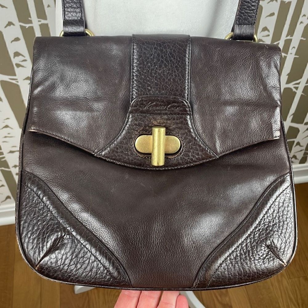 Kenneth Cole Dark Brown Leather Fold-over Crossbody Bag Purse